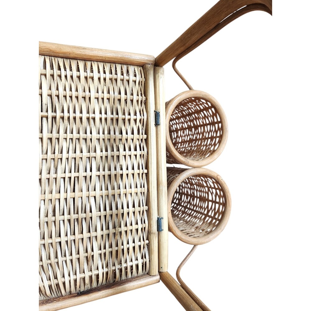 Vintage Large 2 Wine Bottle  Holder Rattan Bamboo Hinge Wicker Picnic Basket - Picture 7 of 15